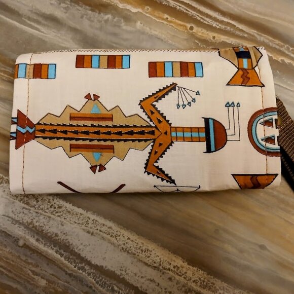 New Southwestern Clutch Wristlet Wallet Brown Cream Geometric Trifold Zip Pouch - Picture 3 of 8